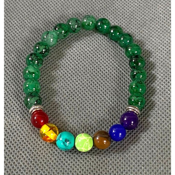 Chakra Rainbow and Green Marbled Glass Bead Bracelet 8 mm Silver Tone Stretch - Picture 1 of 9